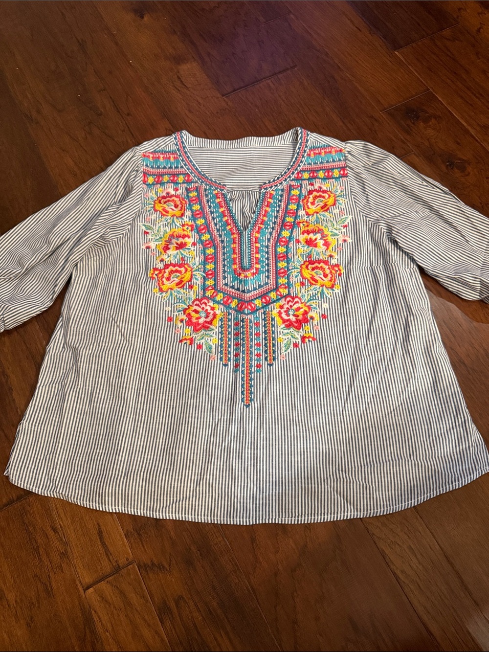 Embroidered Striped Tunic Top - Blue with Multicolor Floral Detail